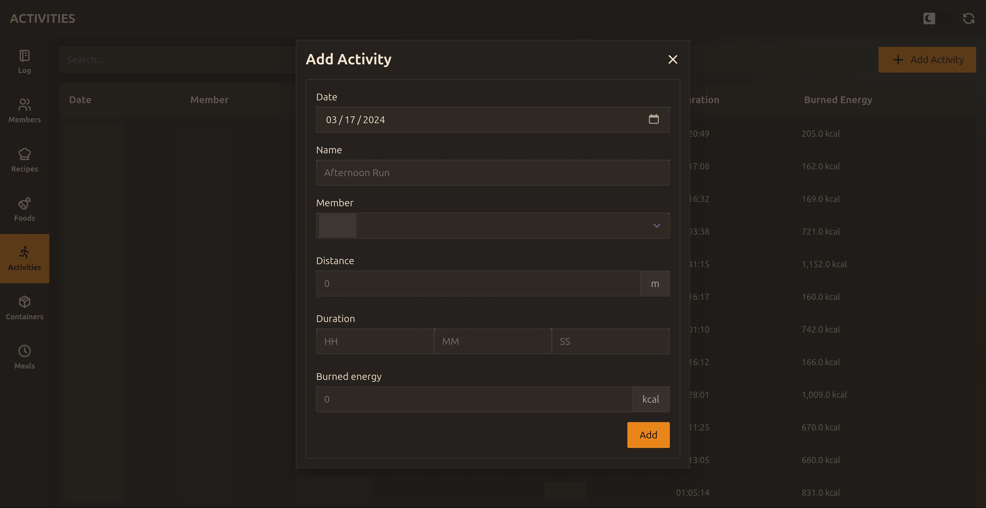 Add activity dialog activities