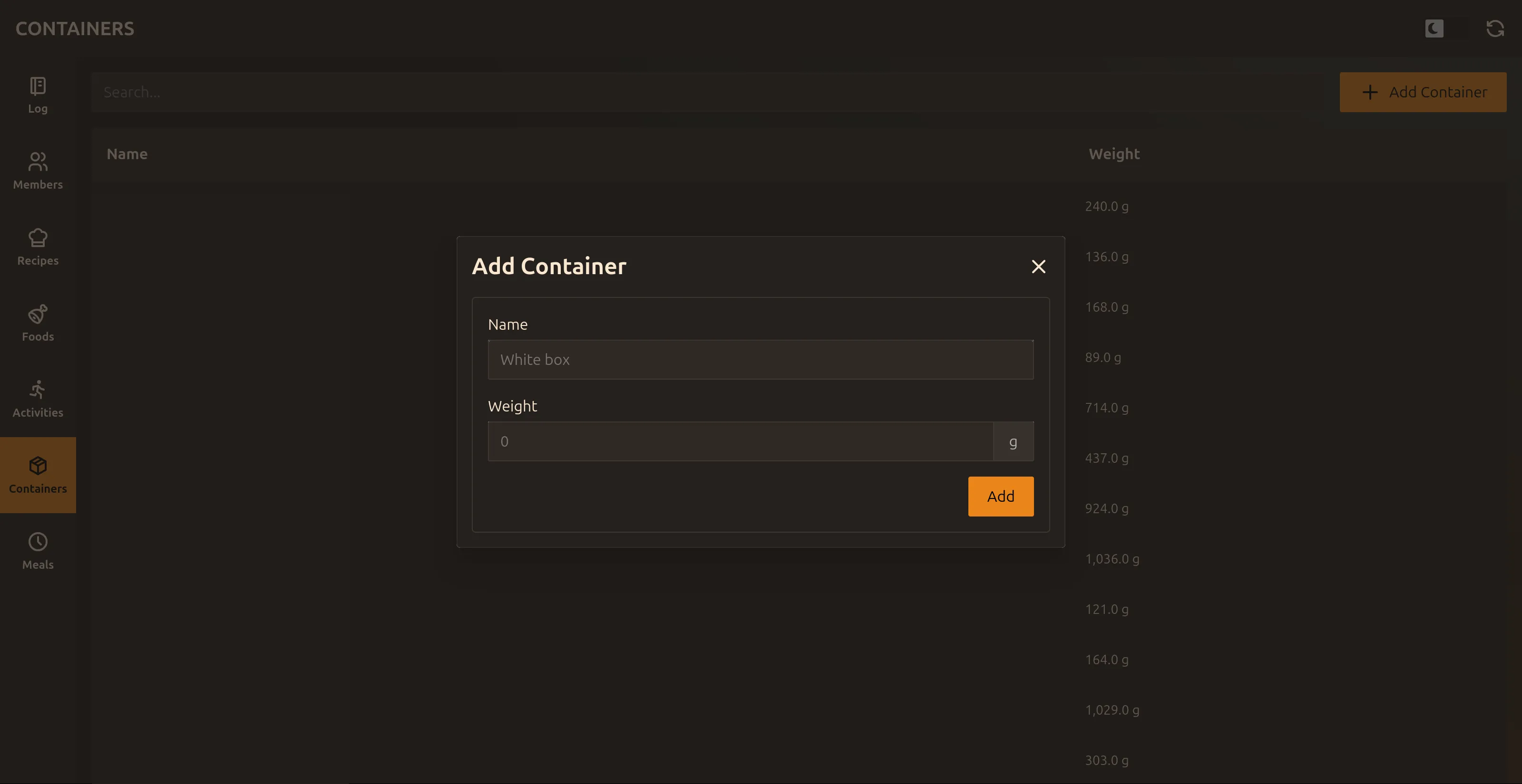 Add container dialog containers