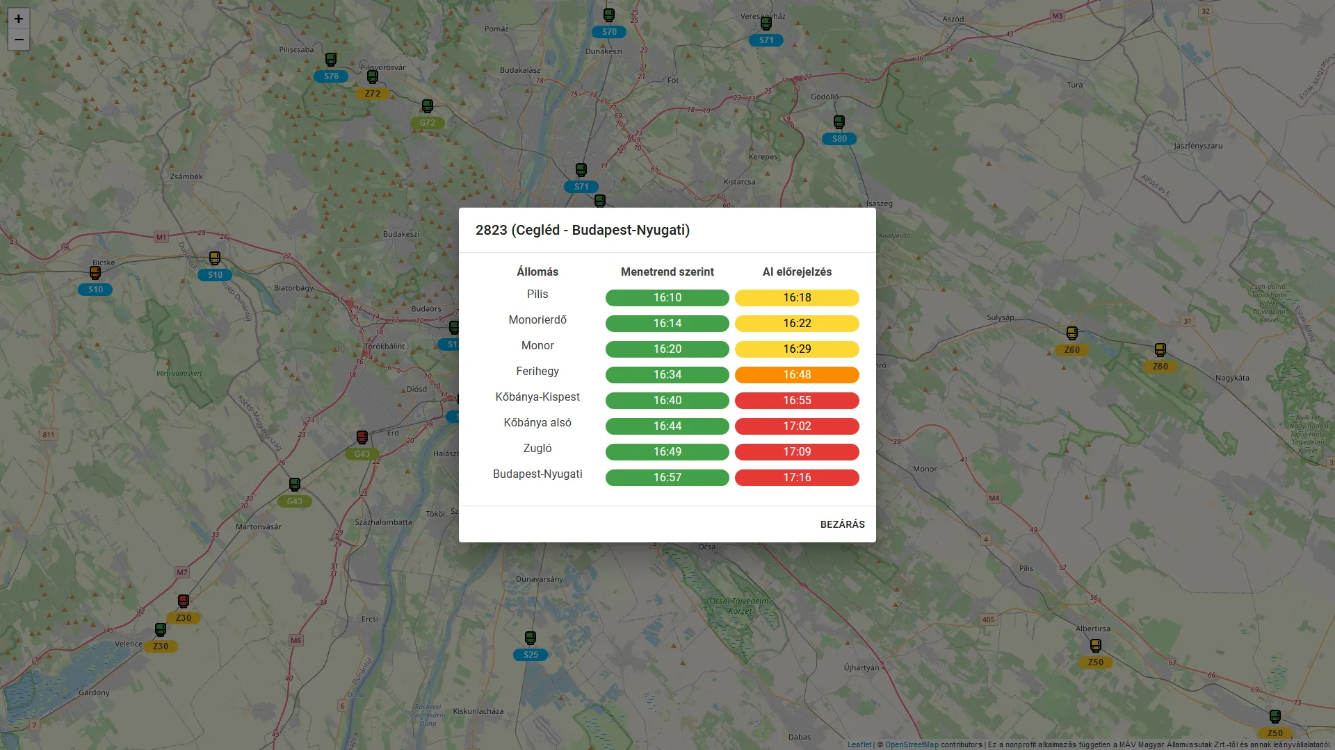 Screenshot of the delay predictions for a selected train application-screenshot-2