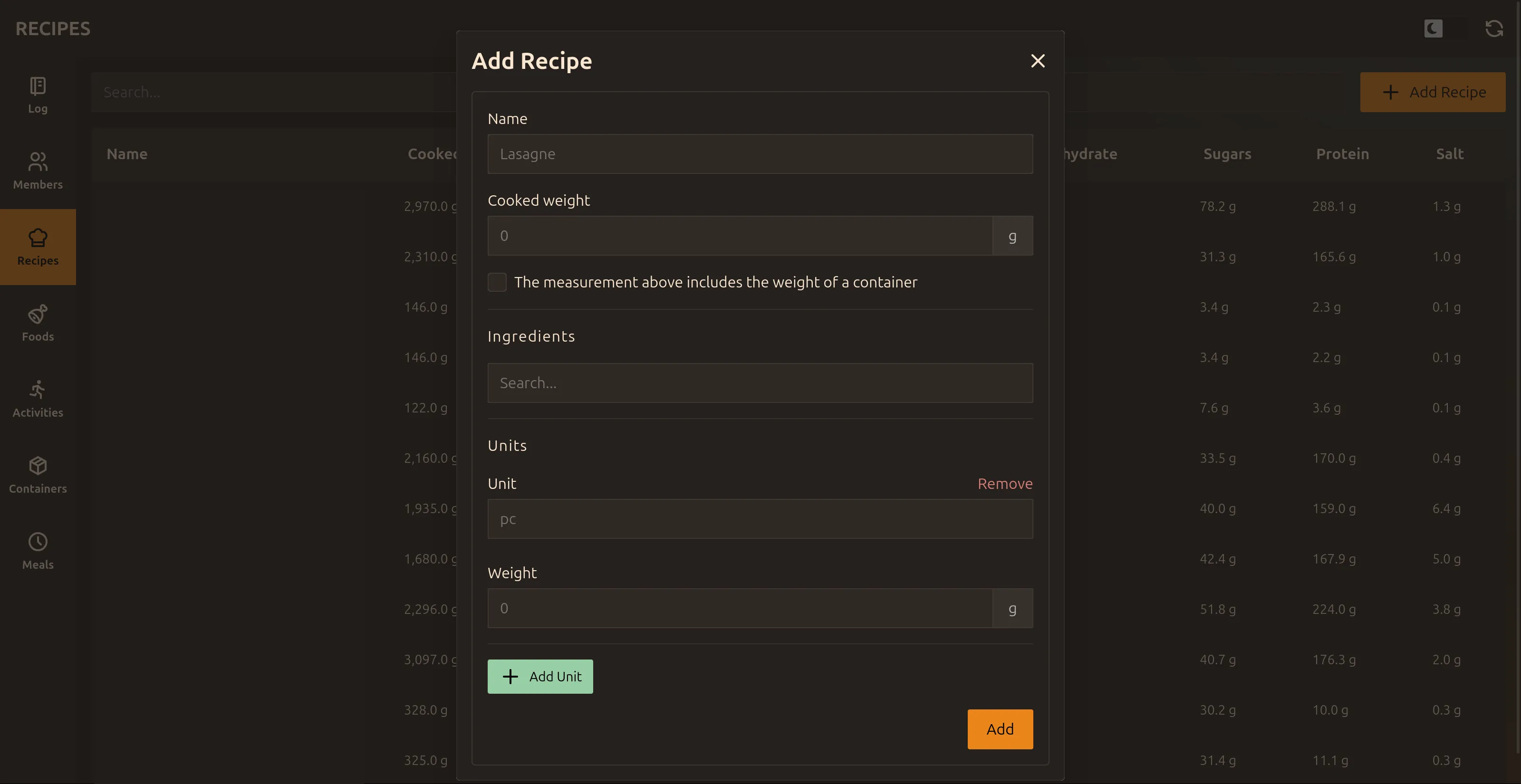 Add recipe dialog recipes